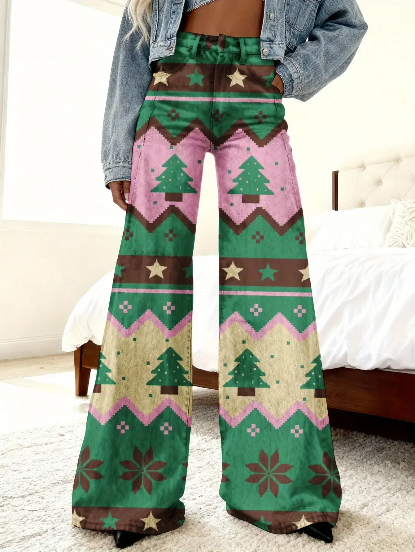 

Christmas Gift Box Sweet Full Print Women's Loose Horn Imitation Jeans, with a denim craftsmanship,