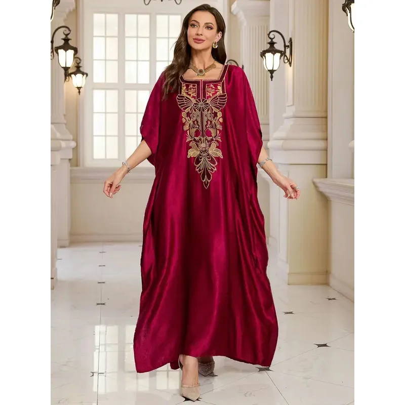 Beach Kaftans for Women Shining Material Embroidered Elegant Maxi Dresses Cover Ups for Swimwear Holiday Beachwear Bathing Suits