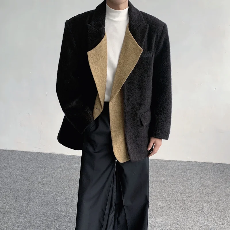 

Корейский утепленный шерстяной костюм-пиджак мужской зимний, премиум-класса, имитация двухслойности, свободный крой, короткое пальто с полиэстеровой подкладкой