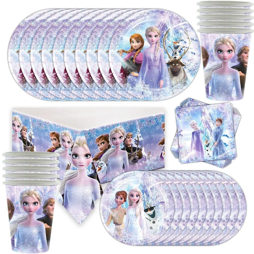 Disney Frozen Birthday Party Decoration Anna Elsa Snow Queen Princess Backdrop Disposable Tableware Set Girl Kids Party Supplies