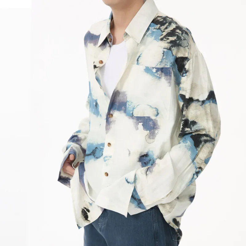 Men's 2024 Autumn Collection New Product Chinese Style Landscape Splashing Ink Painting Personalized Design Feel Loose Shirt