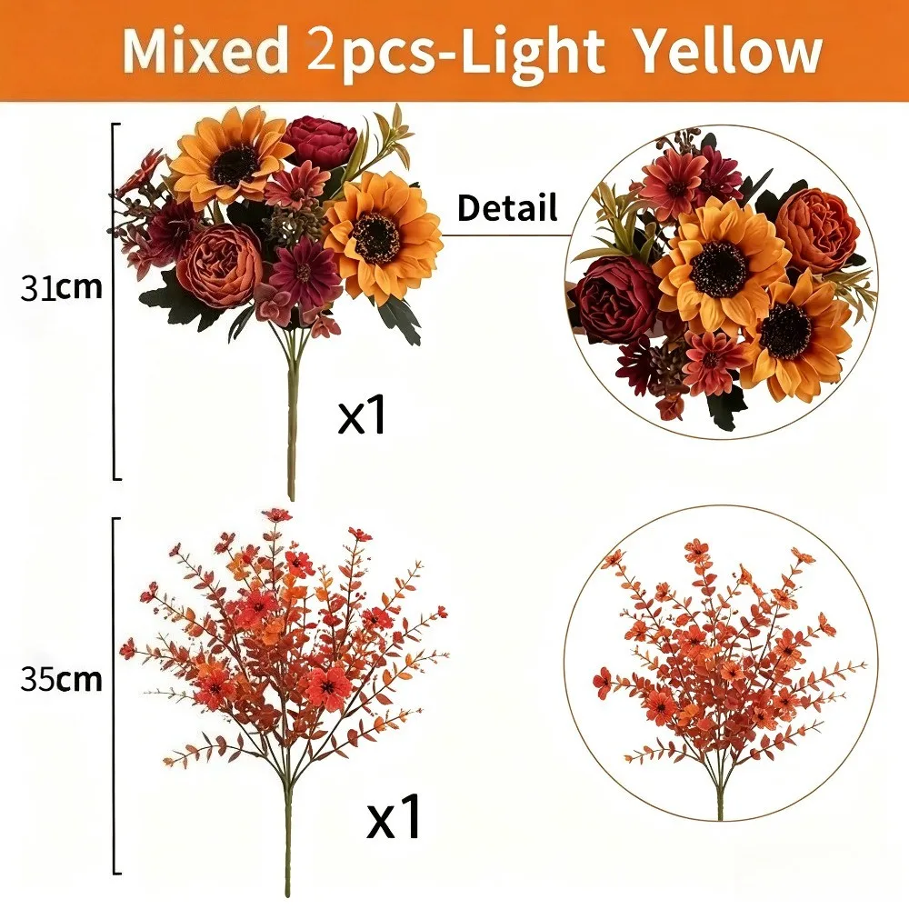35 cm Künstlicher Seidenblumenstrauß, Sonnenblume, Gänseblümchen, Kunstblumen-Arrangement für Thanksgiving-Dekoration, Herbstdekoration für Zuhause und Hochzeit im Freien – Detail 3
