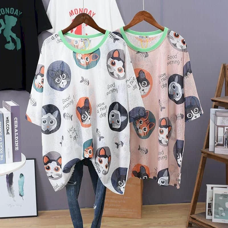 T-shirt da donna lavorata a maglia in seta di ghiaccio gotico o-collo protezione solare top oversize casual stile coreano grembiule mezza manica abiti estivi