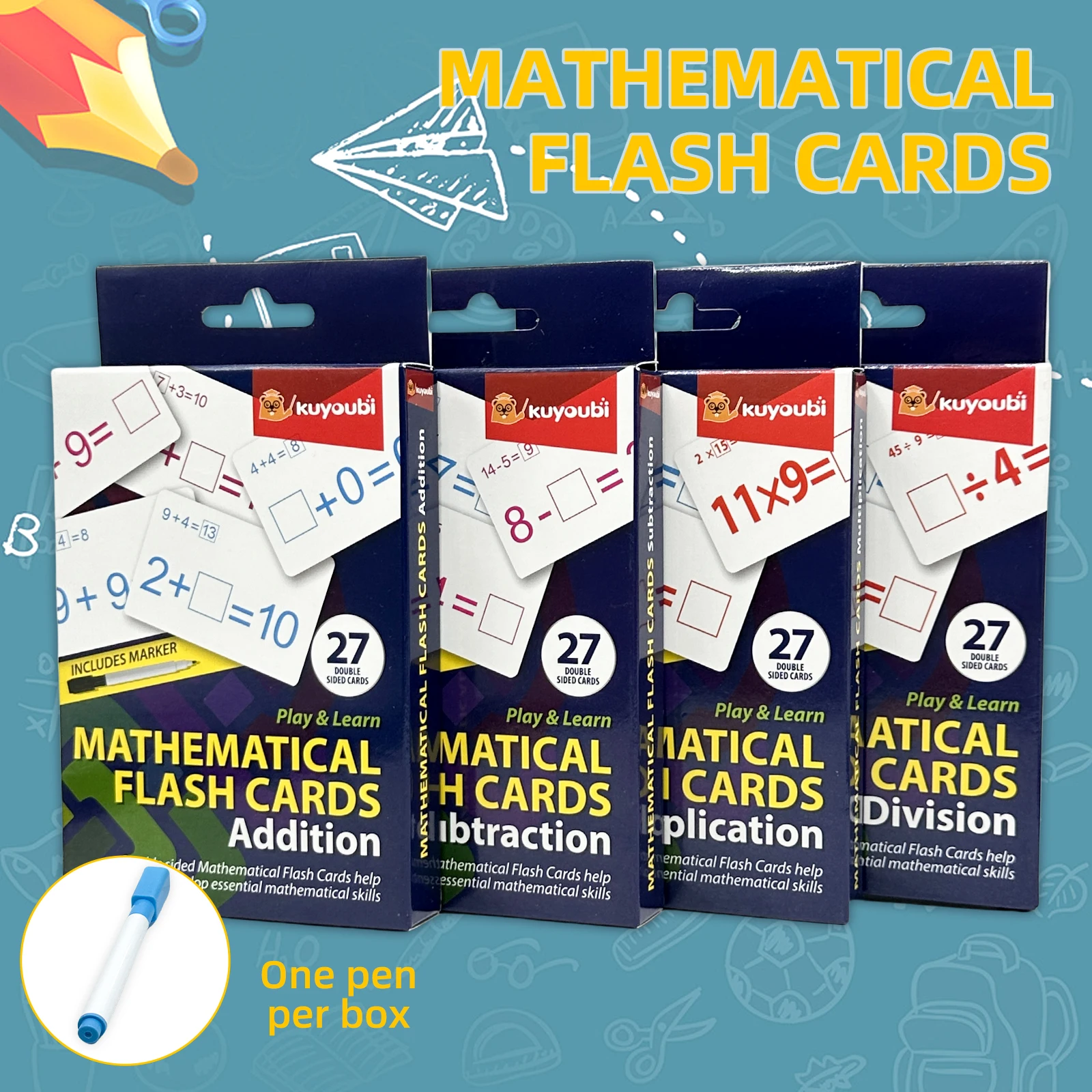 Cartes flash d'apprentissage des mathématiques pour enfants, stylo effaçable inclus, cartes dos, addition, soustraction, multiplication, division, 5-10 ans