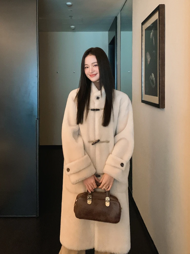 

ZM Zhou Mi Lamb Fur Collar Casual Women's Long Coat Mid-Length Faionable Fur Coat Winter Thiened Long Sve Loose Fit