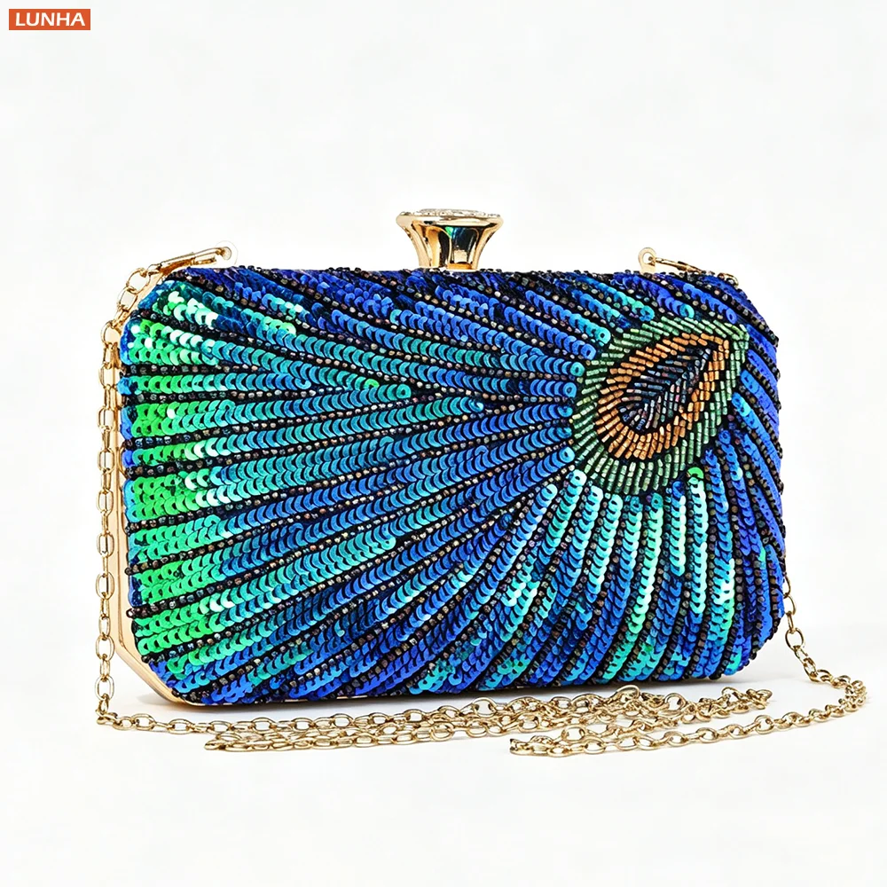 Women Sequin Clutch Evening Bag Peacock Feather Beaded Hard Case Purse Sparkly Glamorous Box Handbag For Wedding Proms Party