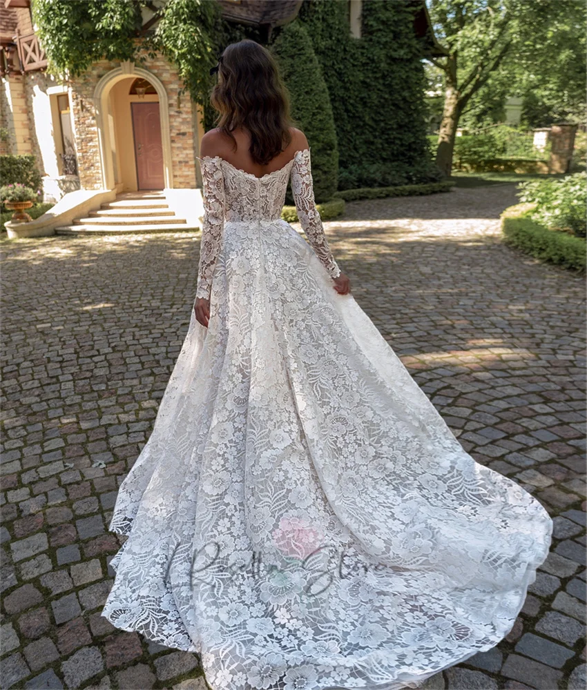LRosella Sweetheart Neckline Customized 2025 Lace Applique Bridal Gown Floor Length  Long Sleeves Court Train Wedding Dresses