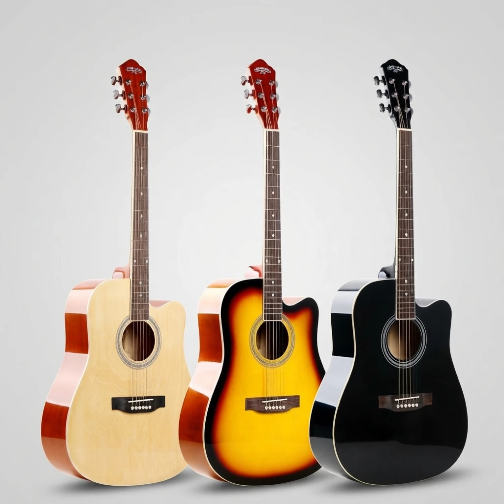 3 Gloss Color Dreadnought Cutaway Acoustic Guitar 6 Strings, Natural Sunburst Black for Beginners, Great for Daily Practice