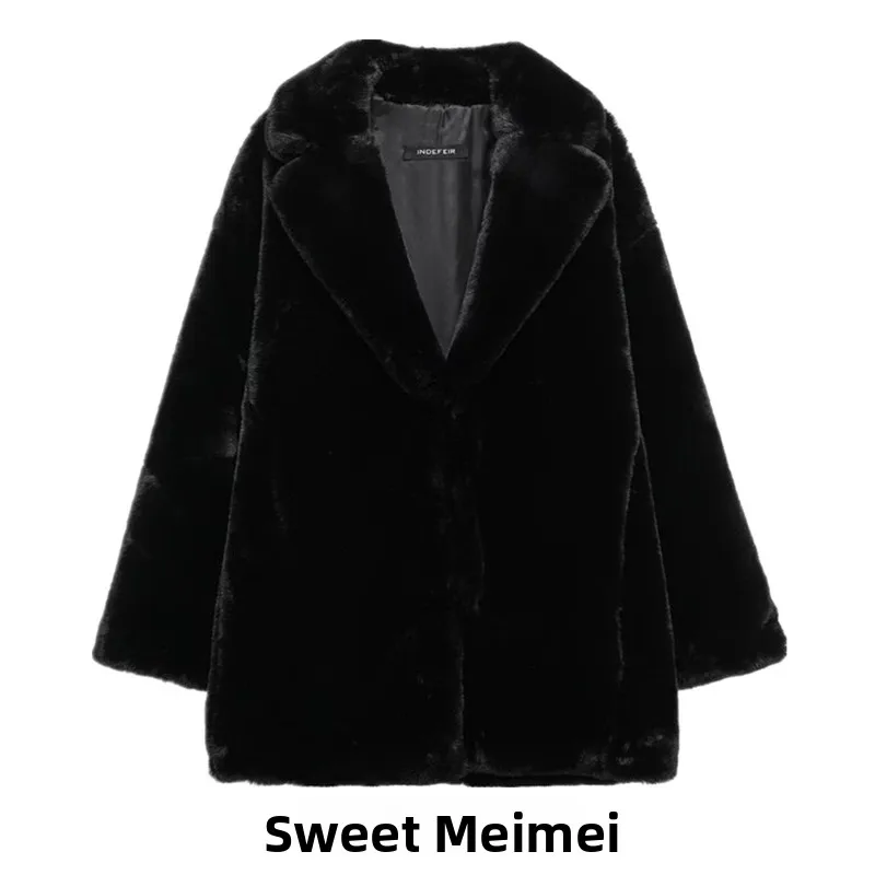 

New 2024 Women's Long Sve Faux Fur Coat Stand Collar Plu Jaet Loose Fit Mid-Length Other Material 00% No Hat Included