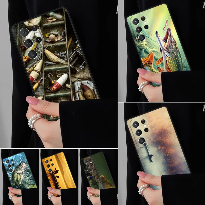 Bass Fishing Lake Fisherman Phone Case For Samsung Galaxy S25 S24FE S23 S22 S21FE S20 S10 Plus Ultra Note20 10Pro Black Cover