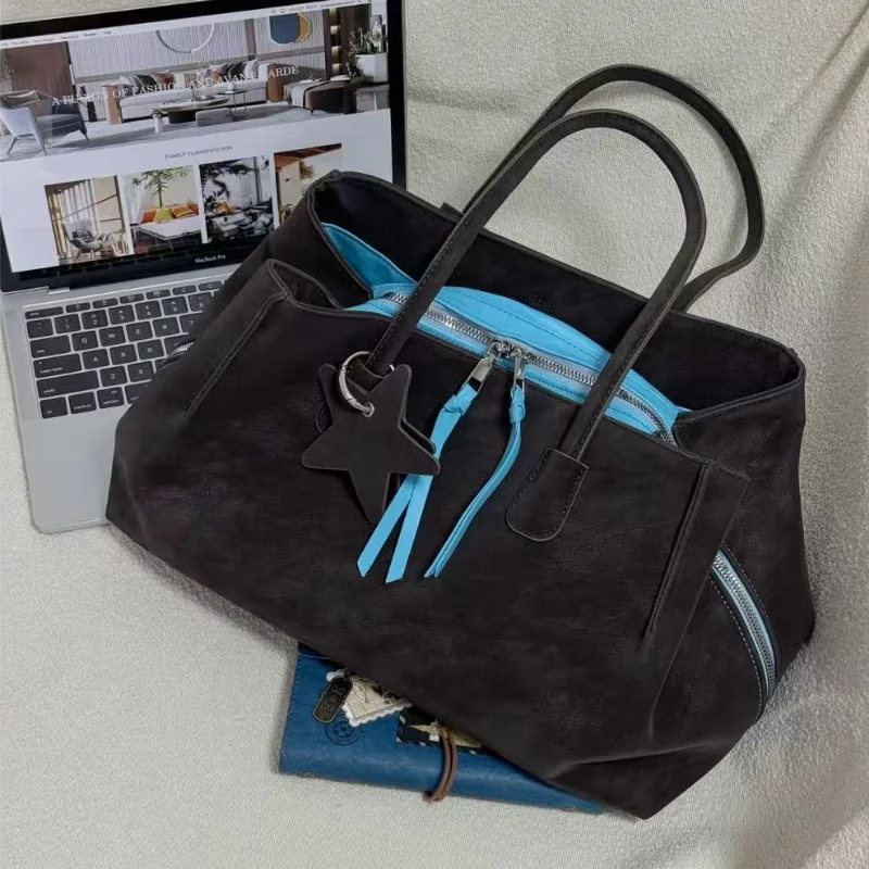 Vintage Faux Suede Women Tote Bag Star Pendant Decor Large Capacity Shoulder Handbag Multi Layer Zipper Daily Work Shopper Purse