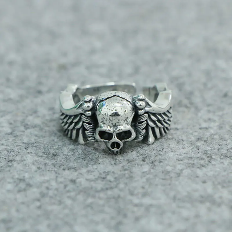 

Rock and roll trendy men's retro vintage punk style s925 sterling silver hip-hop personality wings skull head opening ring