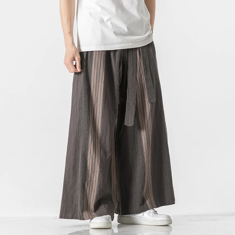 Men Striped Wide Leg Pants Men Cotton Joggers Retro Trousers Man Chinese Style Linen Pants Male Big Crotch Nepal Robe Pants