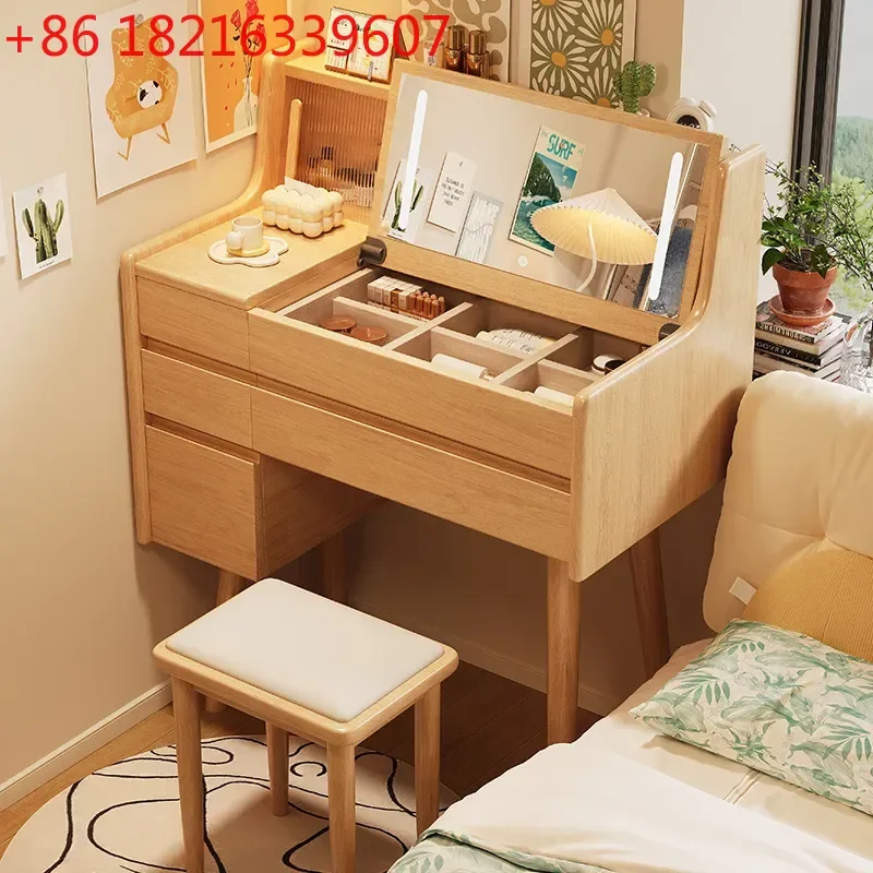 YAOModern Solid Wood Dresser with Hidden Mirror Flip Top Makeup Table Small Bedroom Vanity Desk Simple Design for Apartment