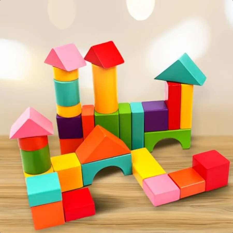 Cheardia 100 Pack Wooden Building Blocks Standard Colored Natural Blocks with Storage Bag for Playing Parties Hands on Indoor A