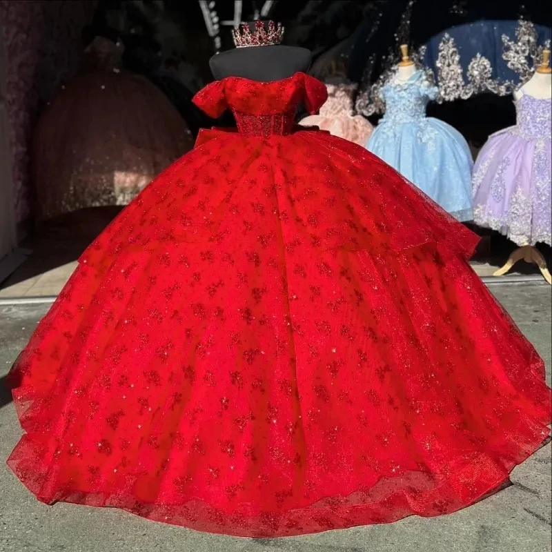 

Luxury Mexican Red Glitter Quinceanera Dress Ball Gown Off Shoulder Lace Beading Crystals Tull Sweet 16 Vestidos De 15 Anos