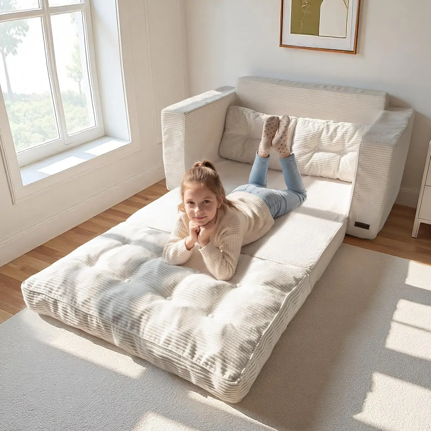 Convertible Sofa Bed, Pull Out Loveseat Sofa Couch | 2 in 1 Folding Couch Bed, Fold Out Floor Couch with Pillows for Living Room