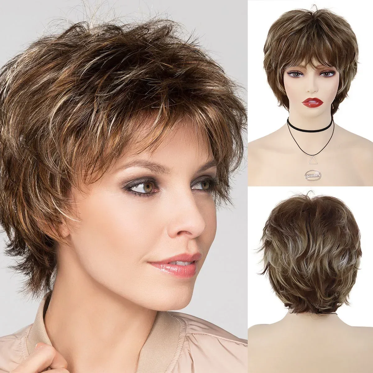 

GNIMEGIL Synthetic Mix Brown Hair Short Curly Wig with Bangs Pixie Cut Wig for Women Stylish Mommy Wig Natural Daily Cosplay