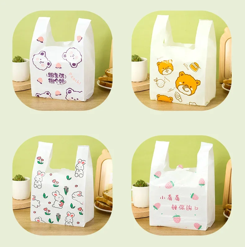 100pcs Cartoon Fruit Pattern Plastic Convenient Handbag Desserts Bread Takeout Packaging Bags Shop Clothing Portable Storage