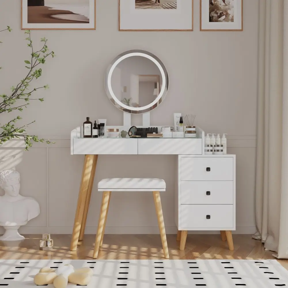 

Dressing Table with LED Lights Glass Makeup Vanity Table with Side Table 5 Drawers with Mirror and Stool for Bedroom