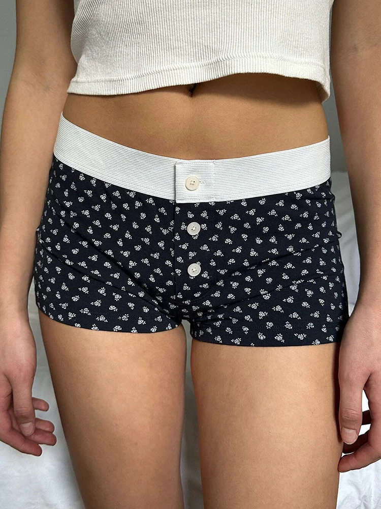 

Floral Navy Cotton Shorts Summer Three Buttons Elastic Waist Patchwork Straight Short Pants Vintage Sweet Underwear Women Shorts