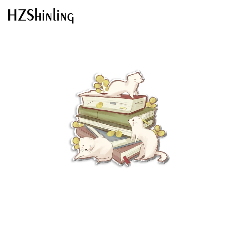 2023 New Old Books and Ferret Acrylic Lapel Pin Animal Love Reading Epoxy Butterfly Clasp Pin Handmade Butterfly Brooch