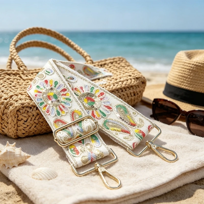 Adjustable Crossbody Bag Strap Band with Sliding Adjuster, Wide Replacement Accessory with Embroidery and Metal End Clasps D2RC