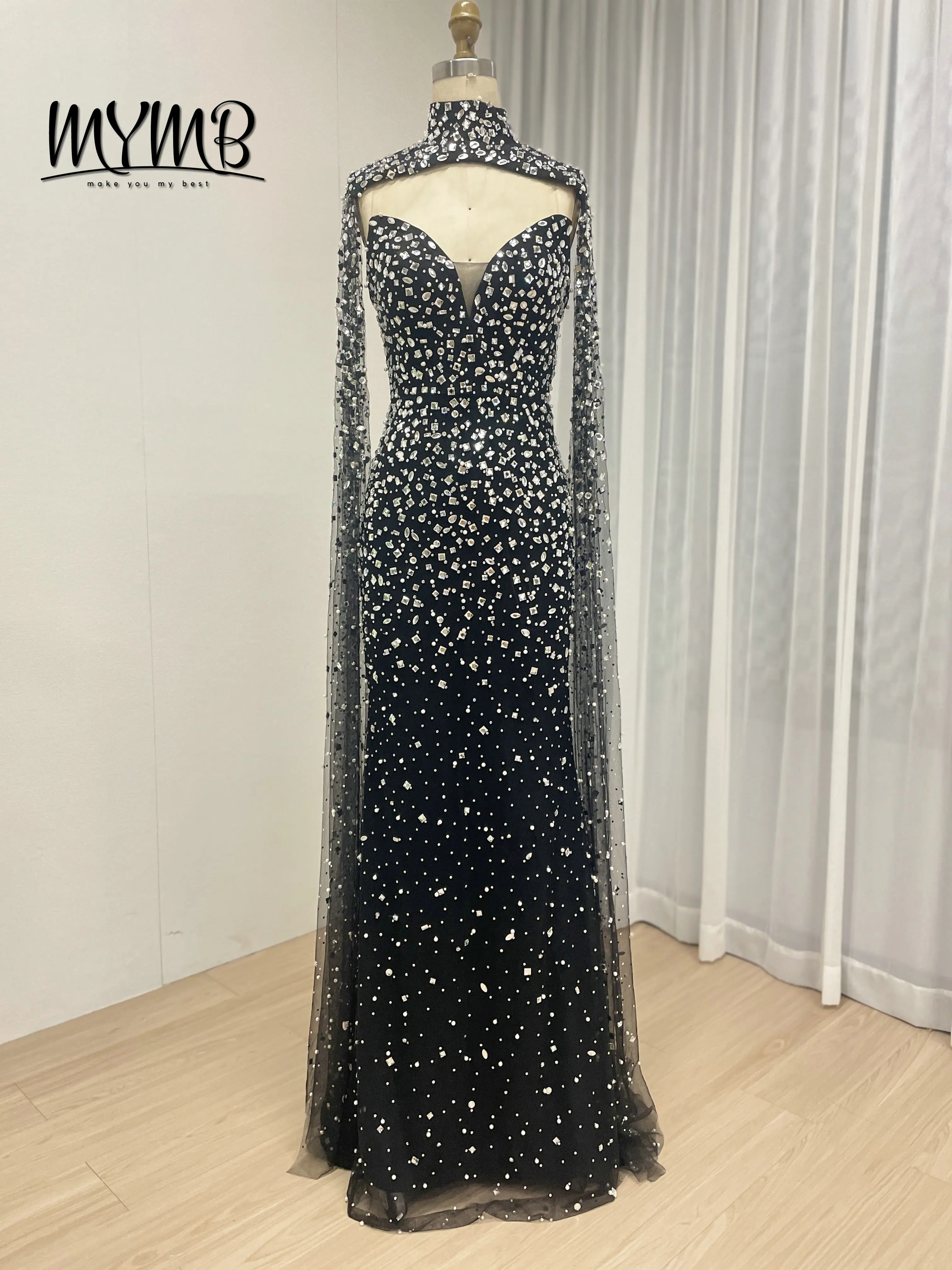 MYMB Elegant Black Beaded Sequined Plus Size Evening Dress with Cape Sleeves Formal Dress for Women Natural Waistline MC20081