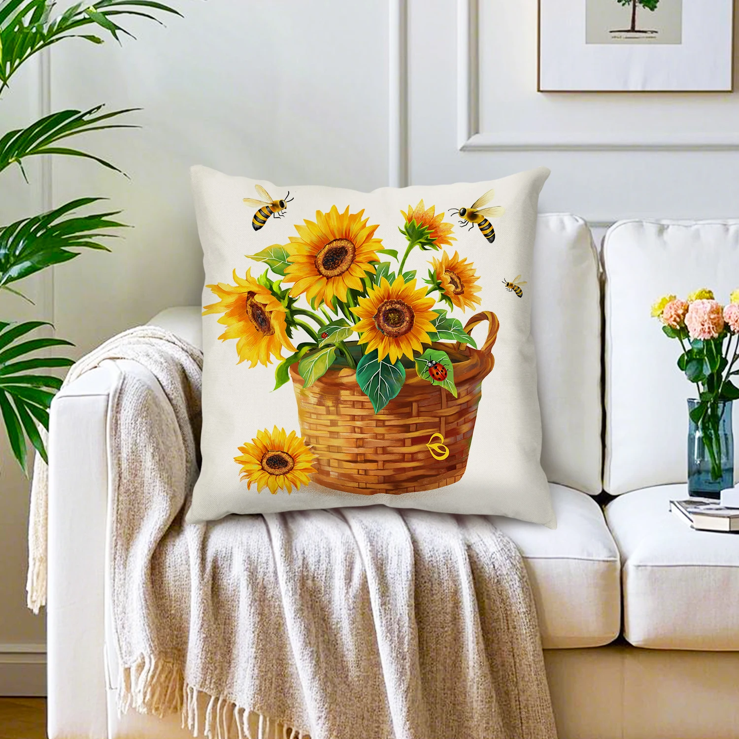 Sunflower Basket Linen Cushion Cover Honey Bee Floral Throw Pillow Case Summer Botanical Farmhouse Decor Living Room Sofa Patio