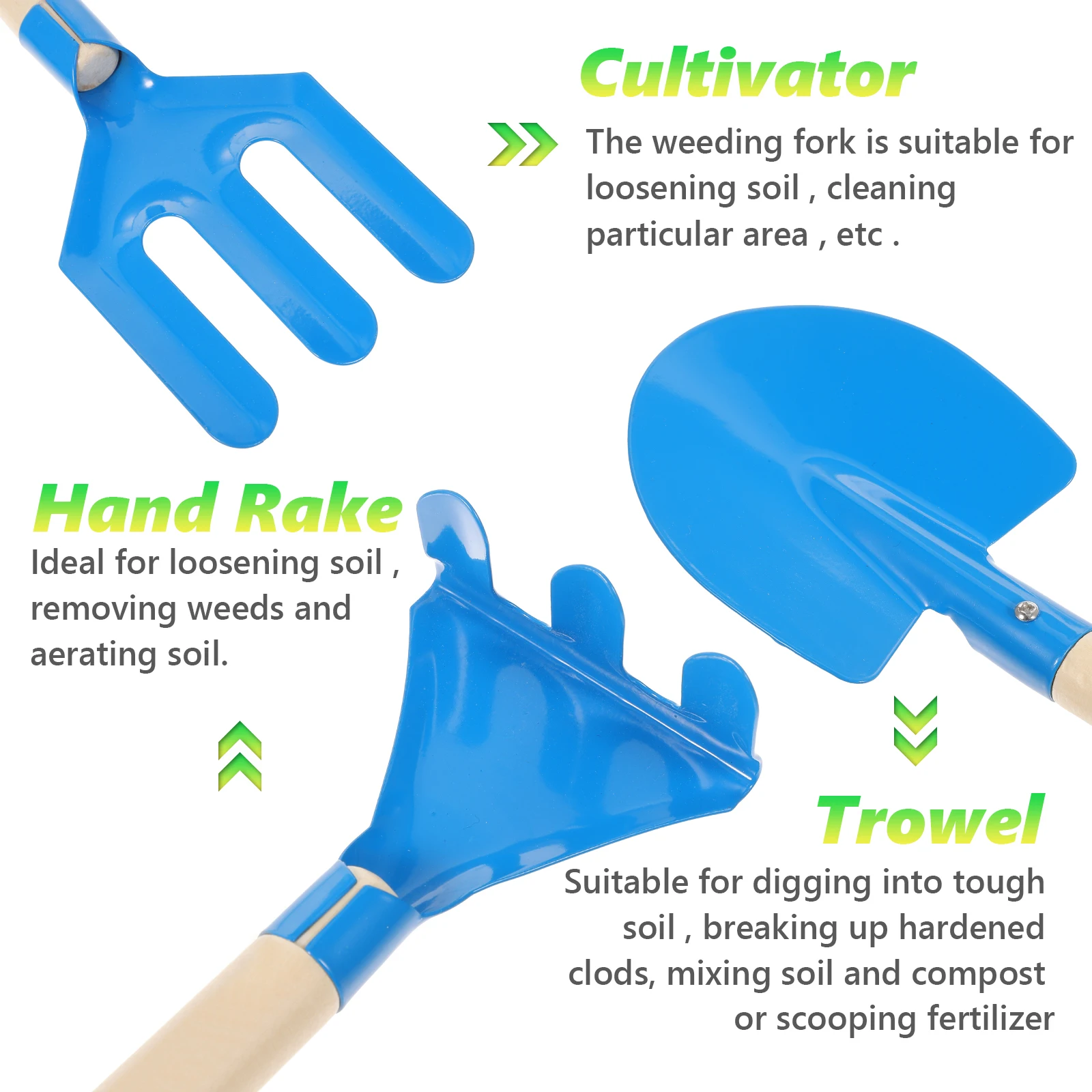 

Garden Tool Set For With Wooden Handle Durable Metal Head Safe Rounded Edges Gardening Kit Blue