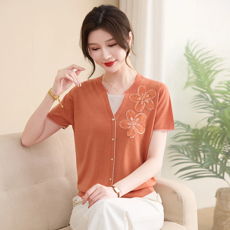 

Lyocell 93.2%Cotton6.8% 2025 Summer Women Beads Flowers Knit Thin T shirt Lady Floral V-neck t-shirt