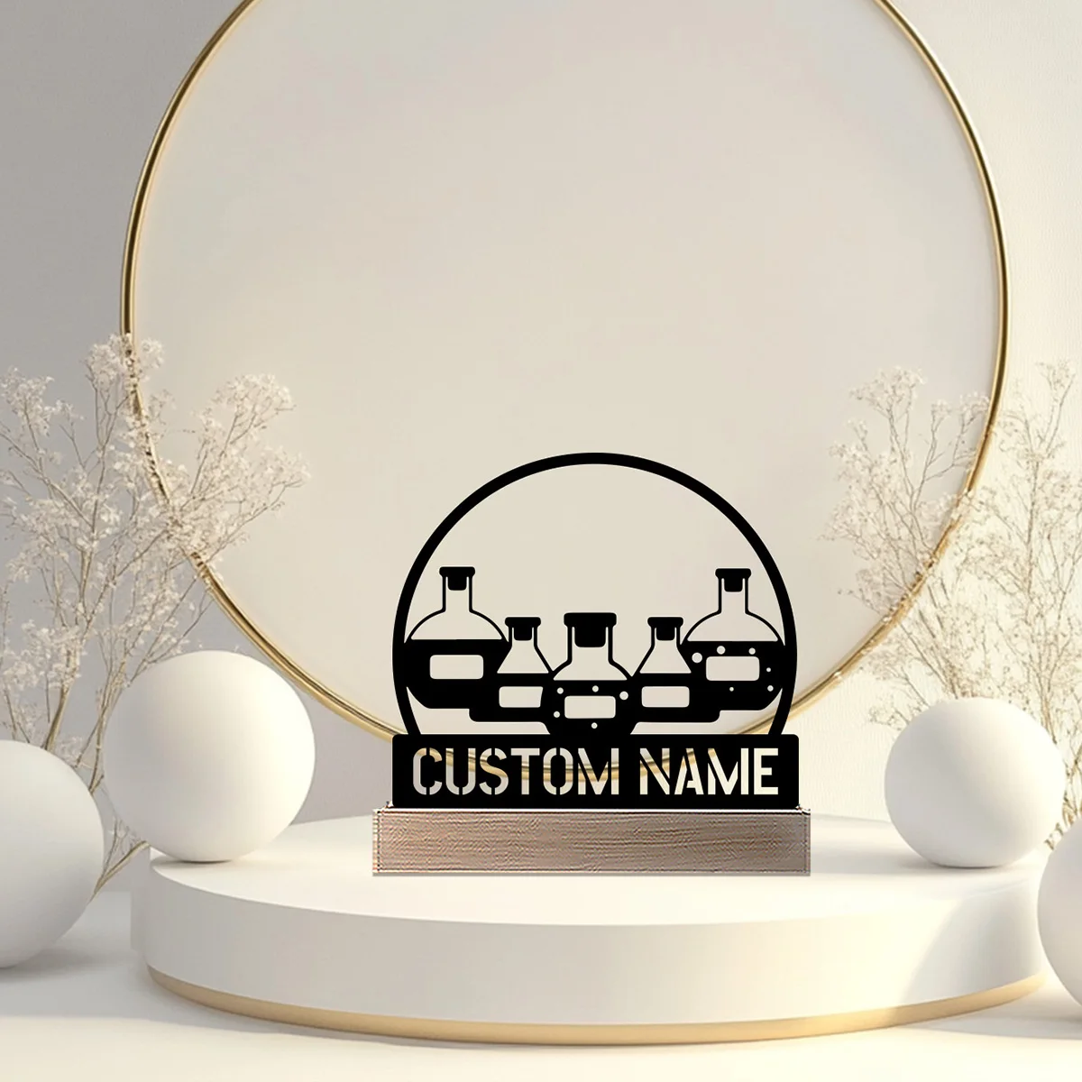 1pc Abstract Chemical instruments Custom Name Metal Statue With Wood Base Metal Ornament Metal Sculpture With Wood Base