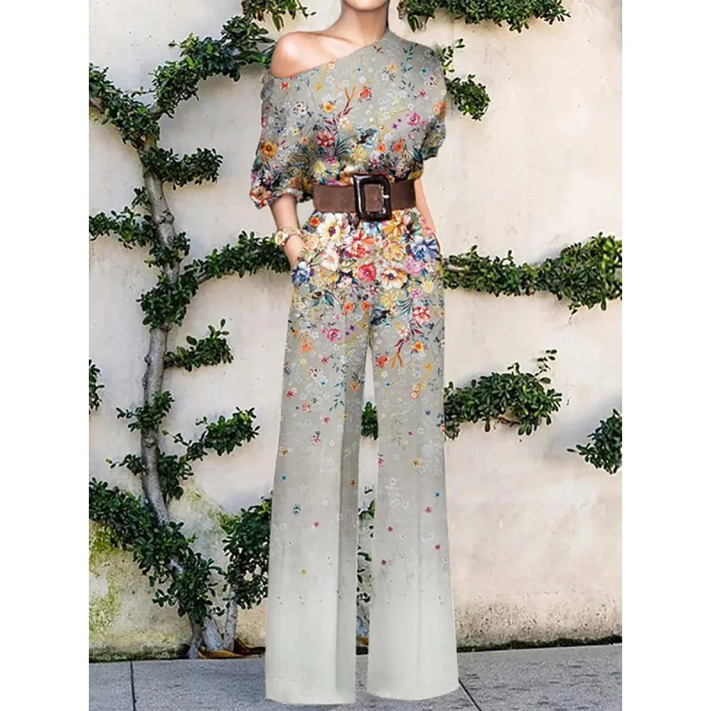 

Women Elegant Office Lady Loose Wide Leg Pants Bodysuits Skew Collar Floral Printing Sweet Ladies Jumpsuits Fashion Streetwear