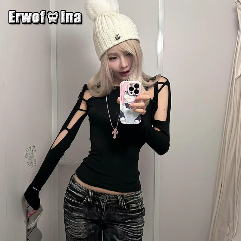 

Erwofeina Hotsweet T-shirt Hollow Out O-neck Long Sleeve 2000s Clothes Y2k Slim Female Clothing Korean Fashion Women Top Chic