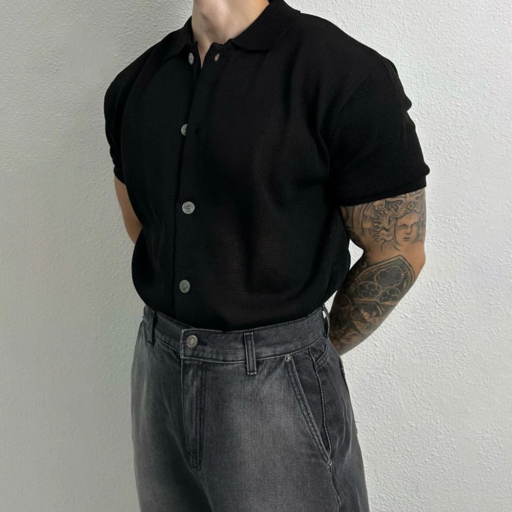 Mens Basic Simple Casual Short-Sleeve Knitted Shirt Genderless Thin Comfortable Solid Color Versatile Knitted Top Unisex