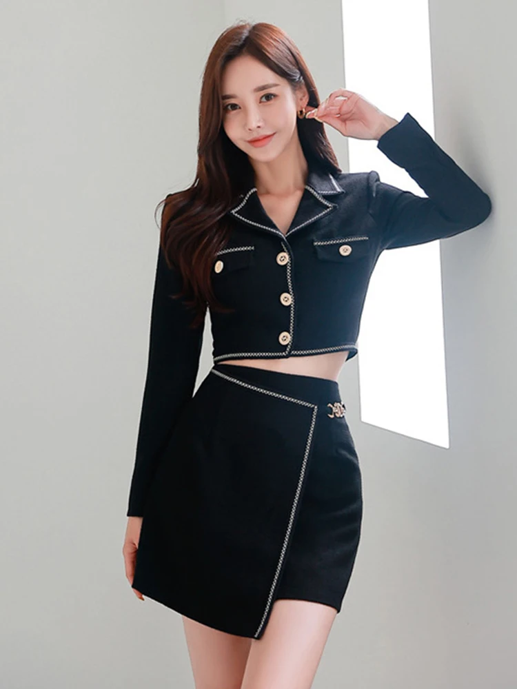 Femmes vêtements formel noir 2 pièces tenue costumes décontracté revers hauts manteau Blazer costume taille haute a-ligne court mince ensemble trajet nouveau