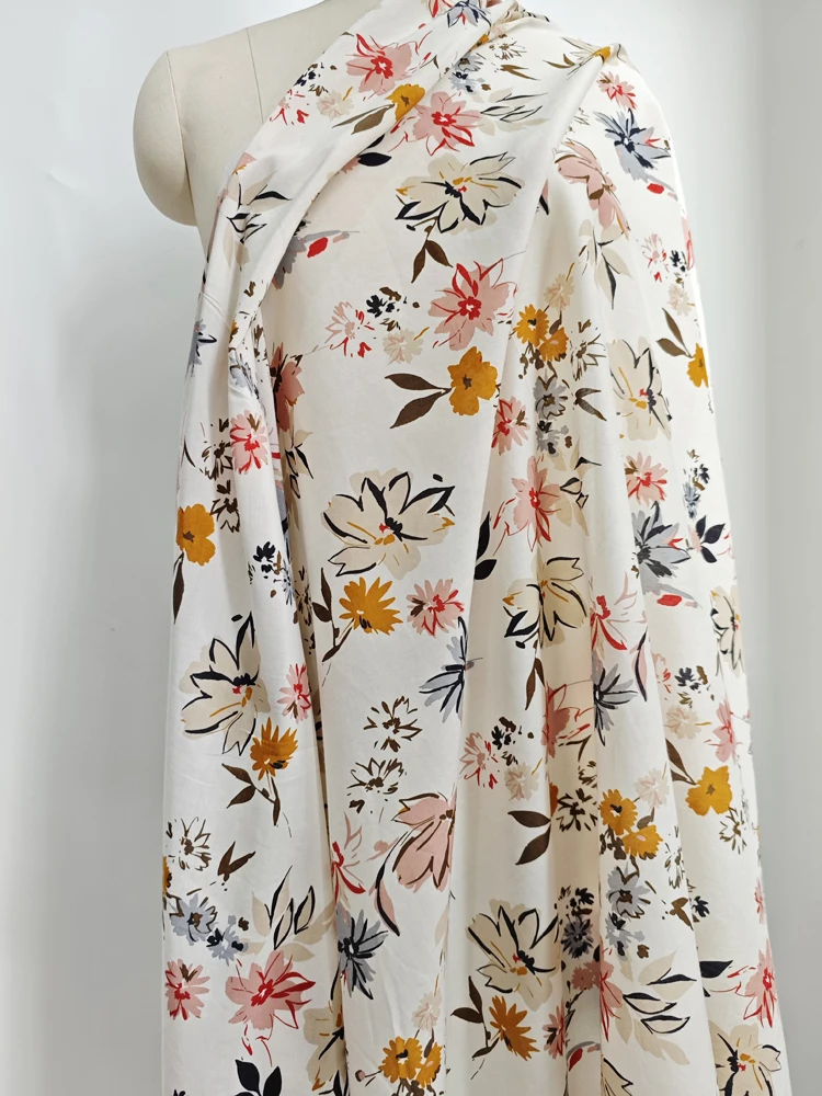 54'' Wide By Meter White Floral Soft Natural Silk Cotton Fabric Mulberry Silk Scarf Shirt Wedding Dress Material view 6