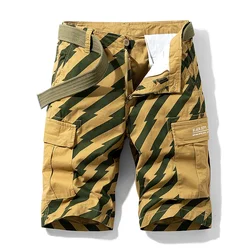 Men's Striped Cargo Shorts Summer Relaxed Fit Cotton Tactical Shorts Multi Pockets Outdoor Military Hiking Shorts