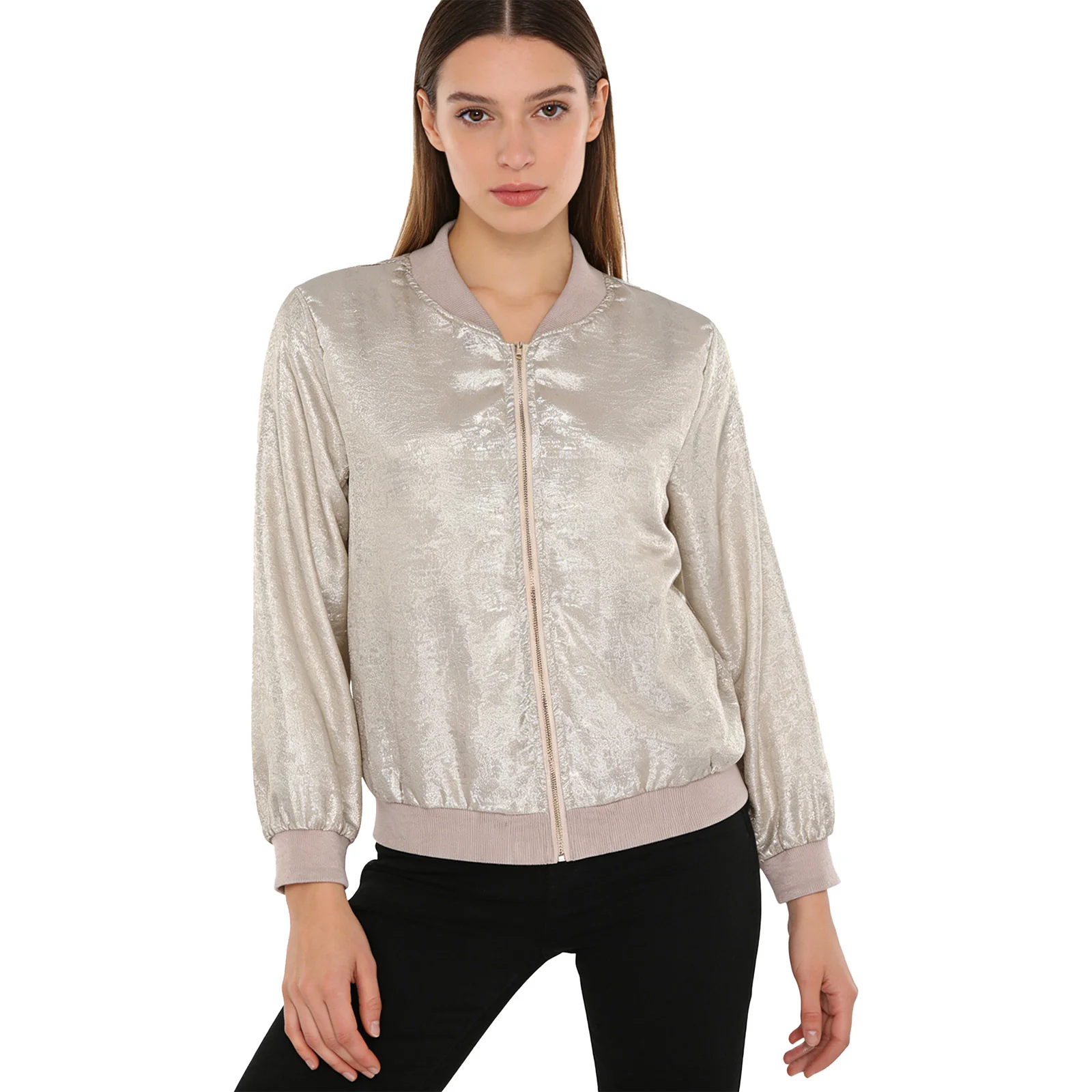 

Fashion Womens Iridescent Metallic Baseball Jacket Long Sleeve Front Zipper Ribbed Trim Bomber Coat Stylish Casual Outerwear