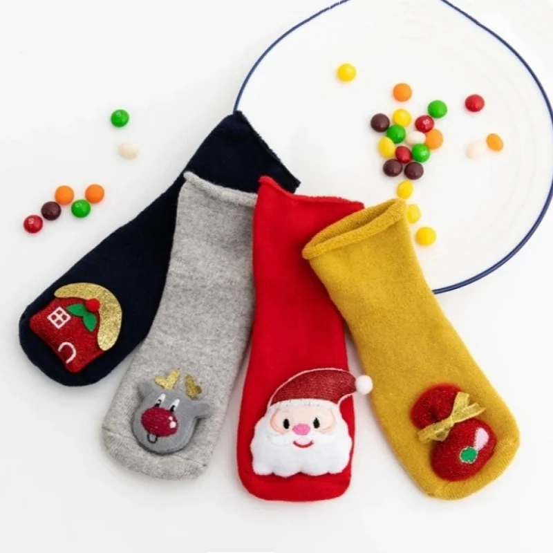 Children Christmas Floor socks Winter Terry Thicken Thermal Baby Long Anti-slip Socks  Newborn Cute Cartoon Stocking 0-3 Years