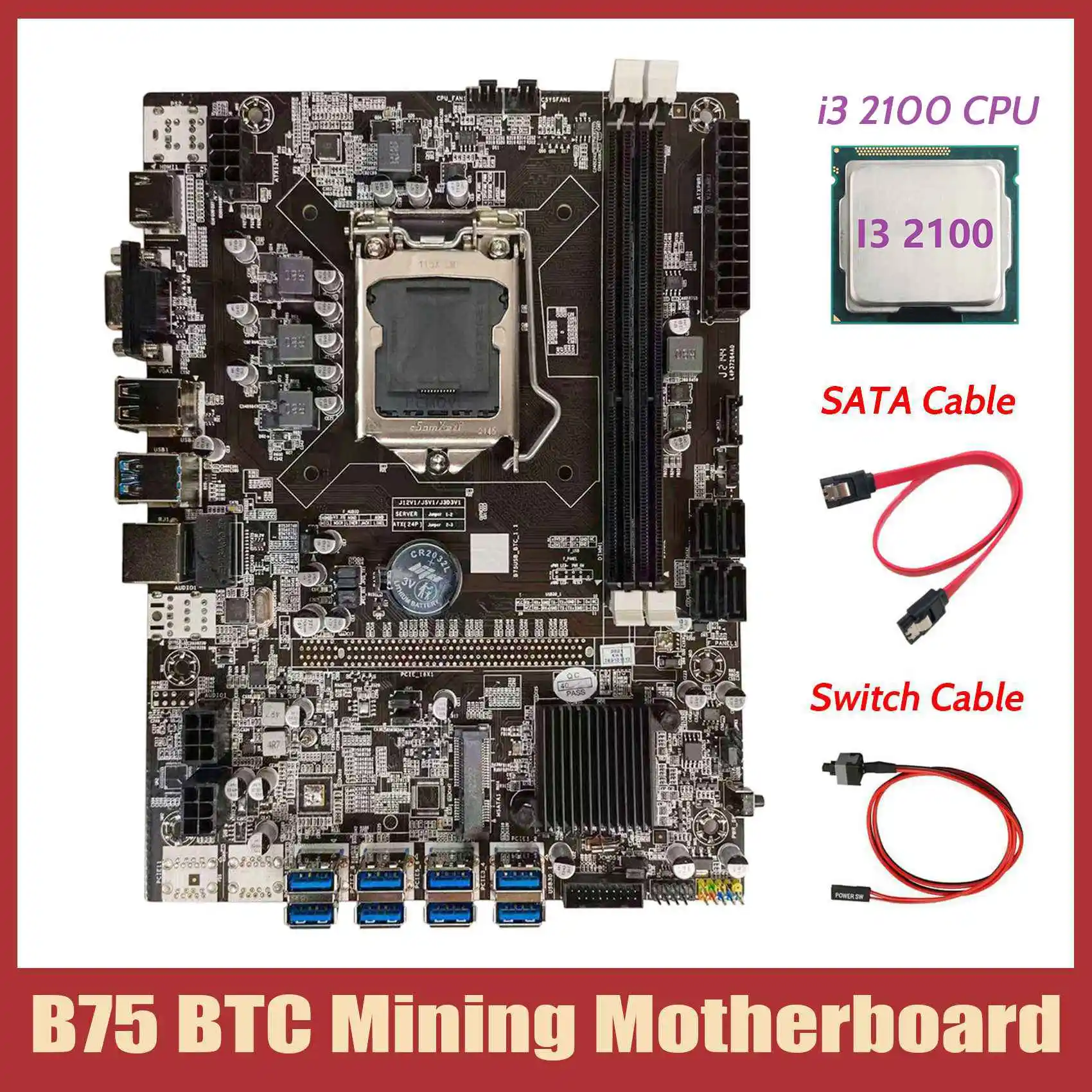 B75-USBアダプター,SATAケーブル,スイッチ,i3 2100 cpu,lga1155,8xcieを搭載したB75マイニングPCマザーボード