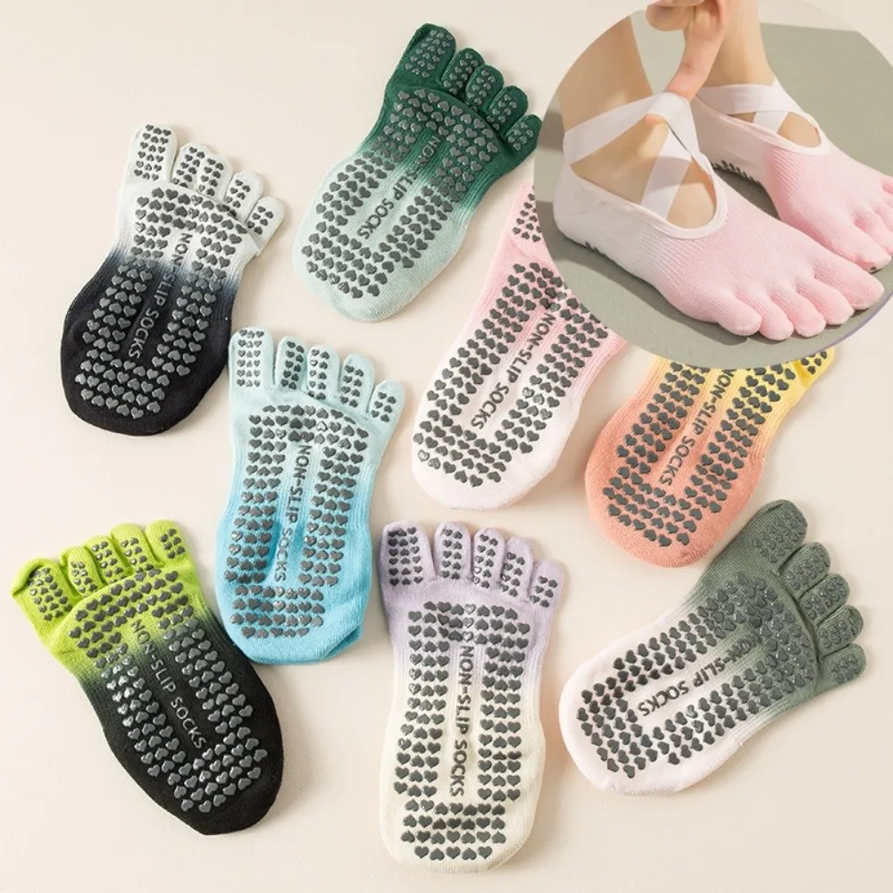 زوج واحد من جوارب اليوغا المضادة للانزلاق بخمسة أصابع، جوارب يوجا كاملة بخمسة أصابع وحزام متقاطع منقسم من القطن المرن