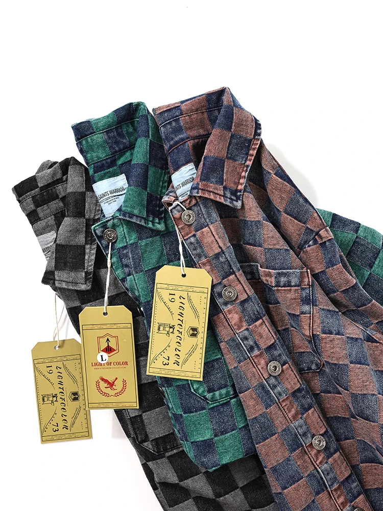 

Washed Cotton Plaid Casual Shirt Loose Fit Japanese Style Checkered Denim Men's Jacket Coat Youth Trend Autumn Long Sleeve