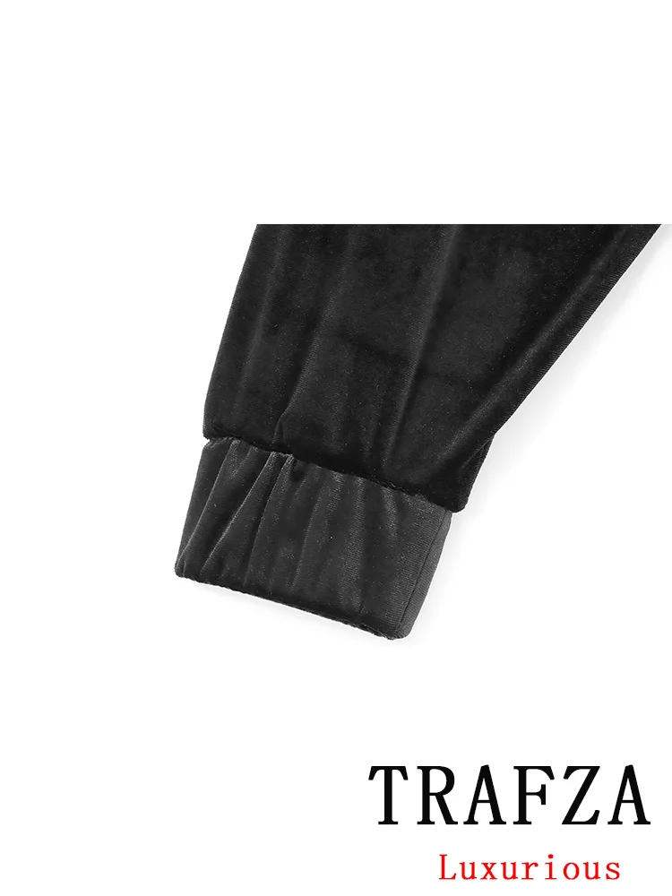 TRAFZA Vintage Casual Chic Women Velvet Suit Solid Black V-Neck Single Breasted Coat Long Lace-up Pants Fashion 2024 Autumn Sets