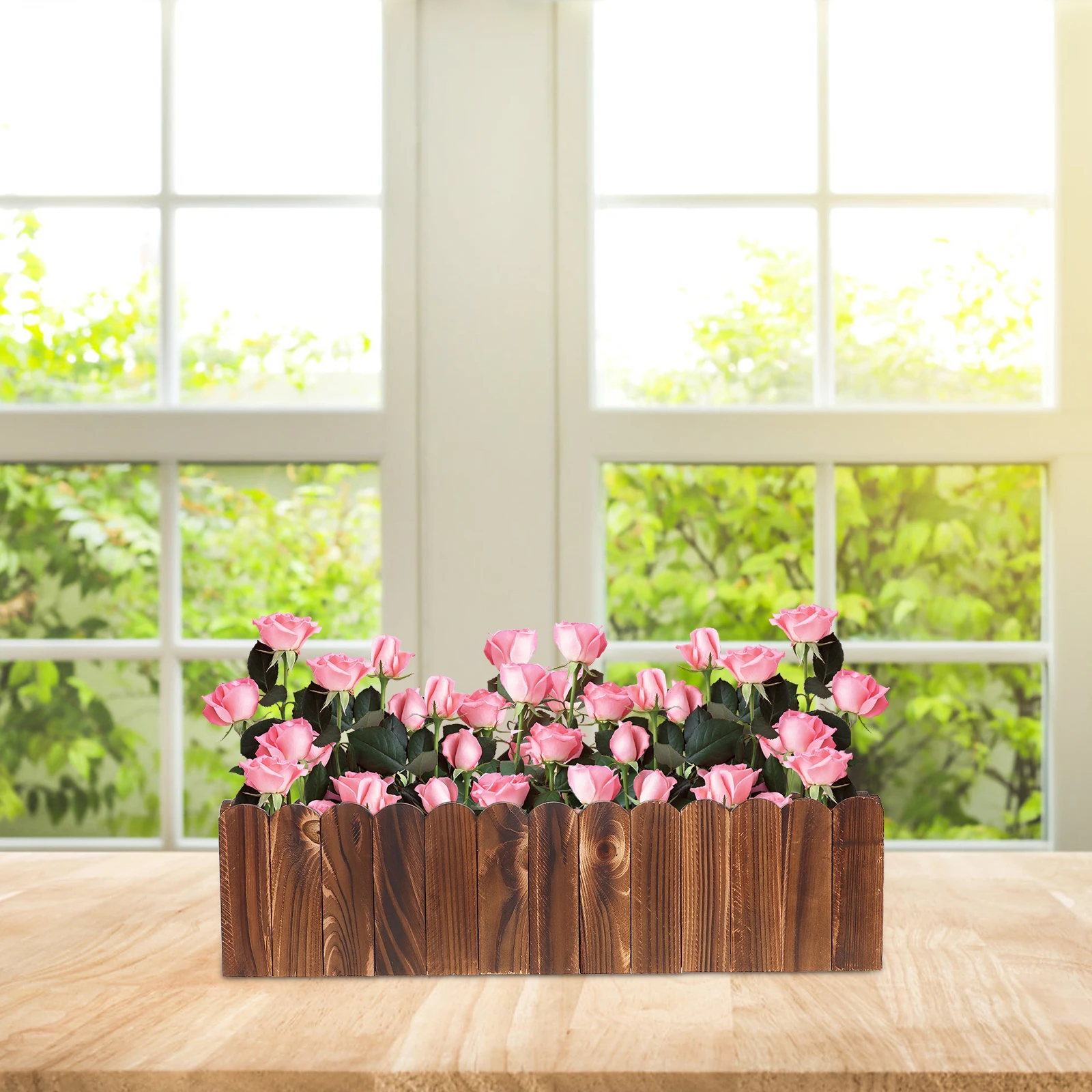 

Wooden Picket Fence Planter Box Flower Pot Window Box Rustic Rectangle Decorative Border for Garden Home Wedding Party Office