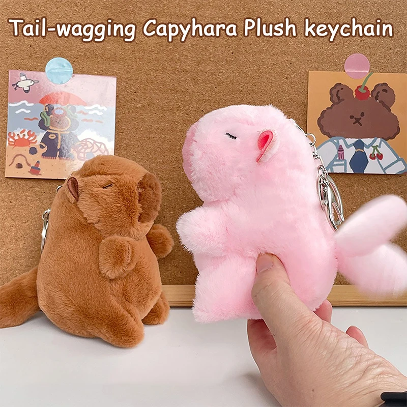 Tail-wagging Capibara Plush Toy Cartoon Capybara Pendant Soft Stuffed Doll Keychain Car Key Ring Backpack Bag Decor