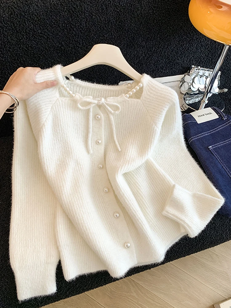 

Girls Knitted Cardigan Outerwear Pearl Buttoned Belted Soft Cozy Autumn Winter Faion Top Ci Walk Long Sve Square Collar
