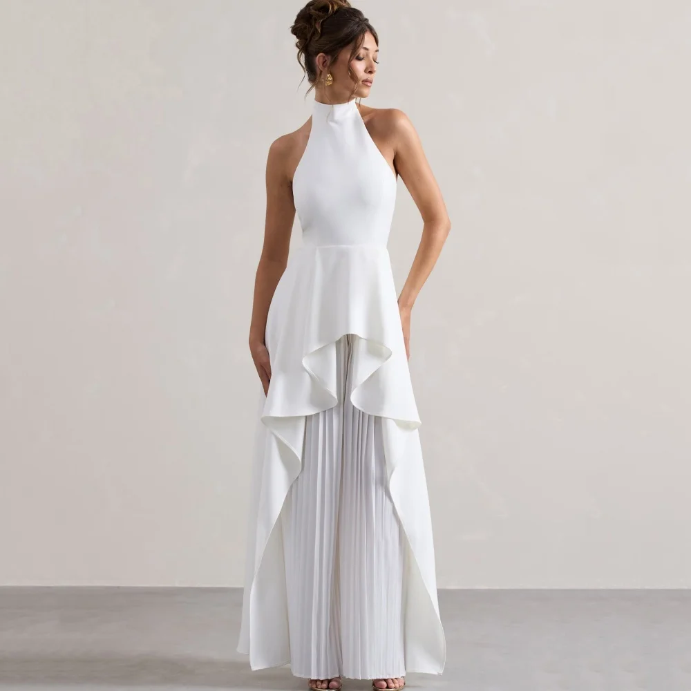 

Customized Elegant White Halter Prom Dresses A Line Chiffon Party Gowns Sleeveless Simple Evening Dress New Vestidos De Verano