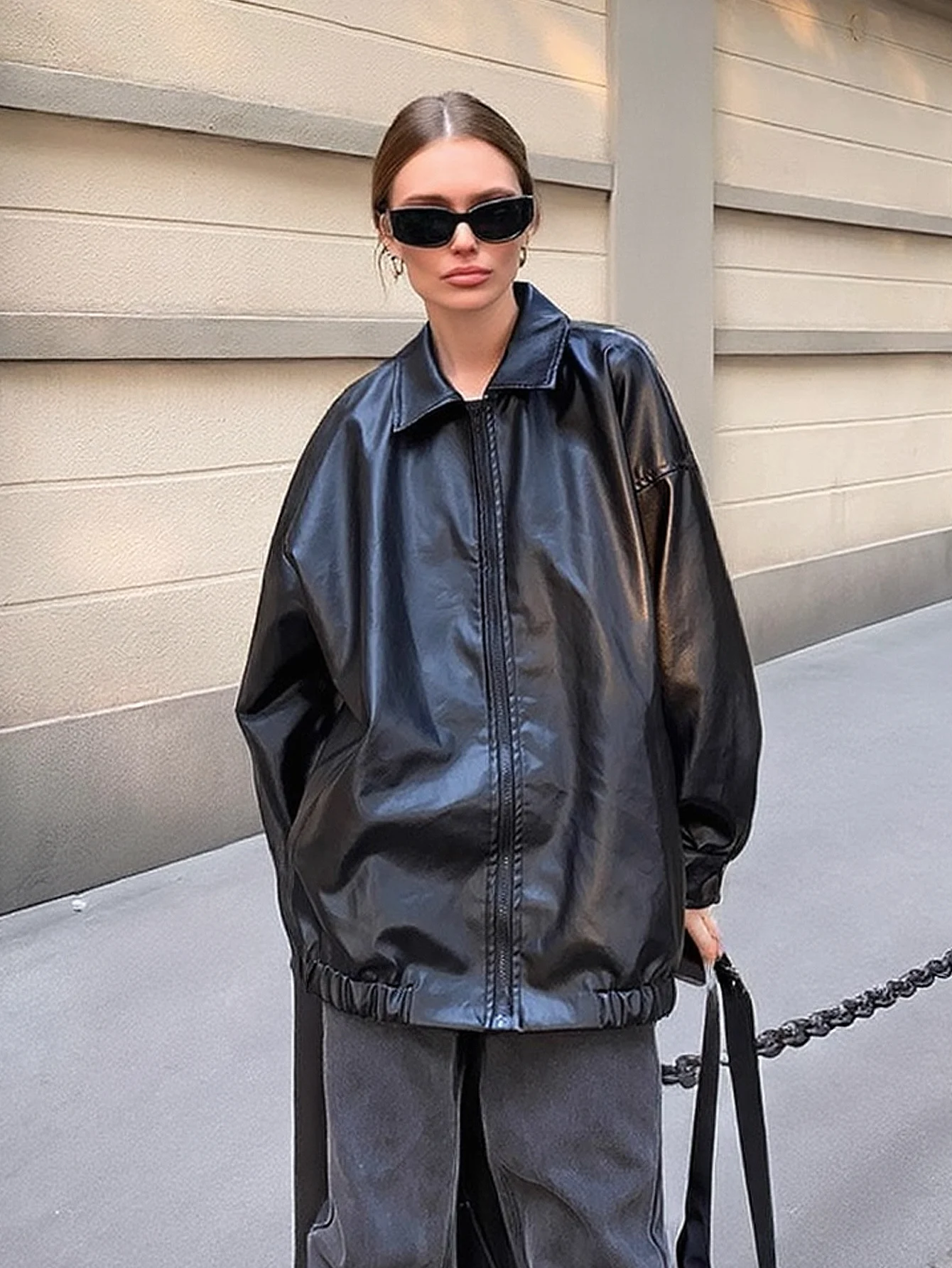 

Women's Trendy PU Leather Jacket Casual Loose Fit Coat Spring Autumn