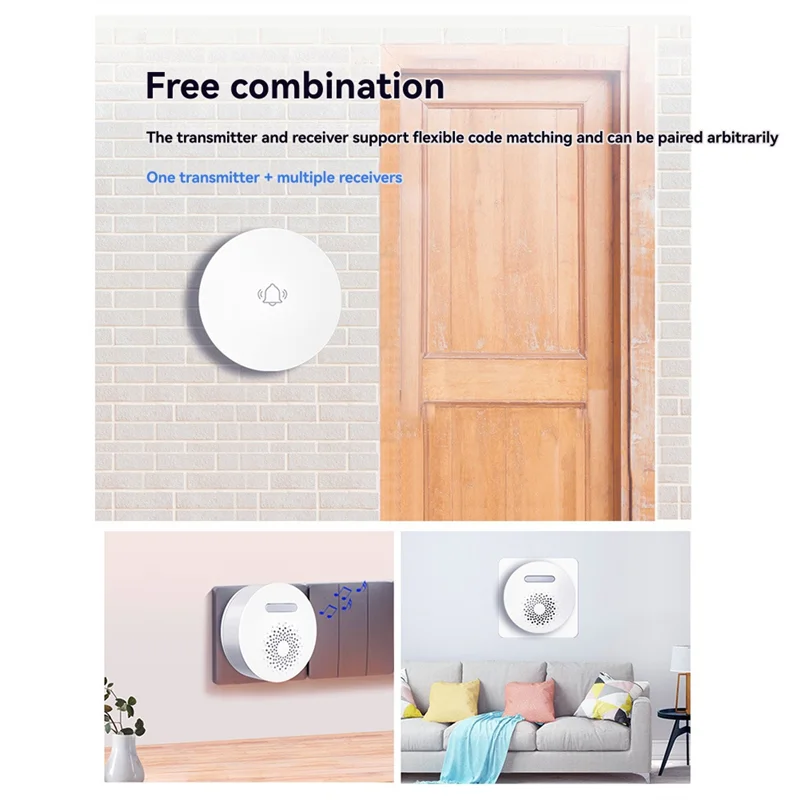 AT51-جرس الباب اللاسلكي الذكي جرس الباب الذي يعمل بالطاقة الذاتية مدمج 36 نغمة رنين بدون بطارية 150 متر استقبال لمسافات طويلة قابس الاتحاد الأوروبي